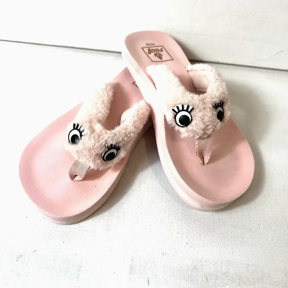 Reef Kids Flat Rubber Thong Pink Sandals Little Girls 11/12 Pink Faux Fur Straps